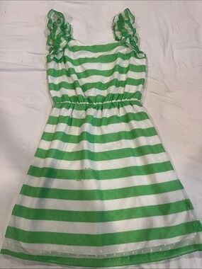 Lilly Pulitzer Green & White Striped Ruffle-Shoulder Dress